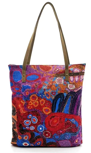 Aboriginal Art Shoulder Tote Bag Leather Trimmed by Andrea Mimpitja Adamson