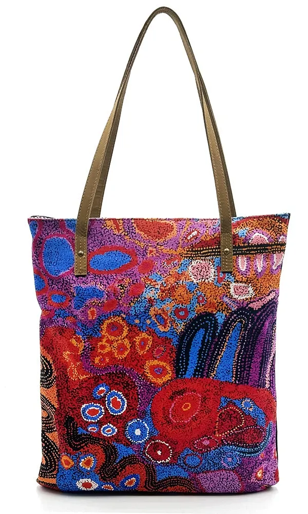 Aboriginal Art Shoulder Tote Bag Leather Trimmed by Andrea Mimpitja Adamson