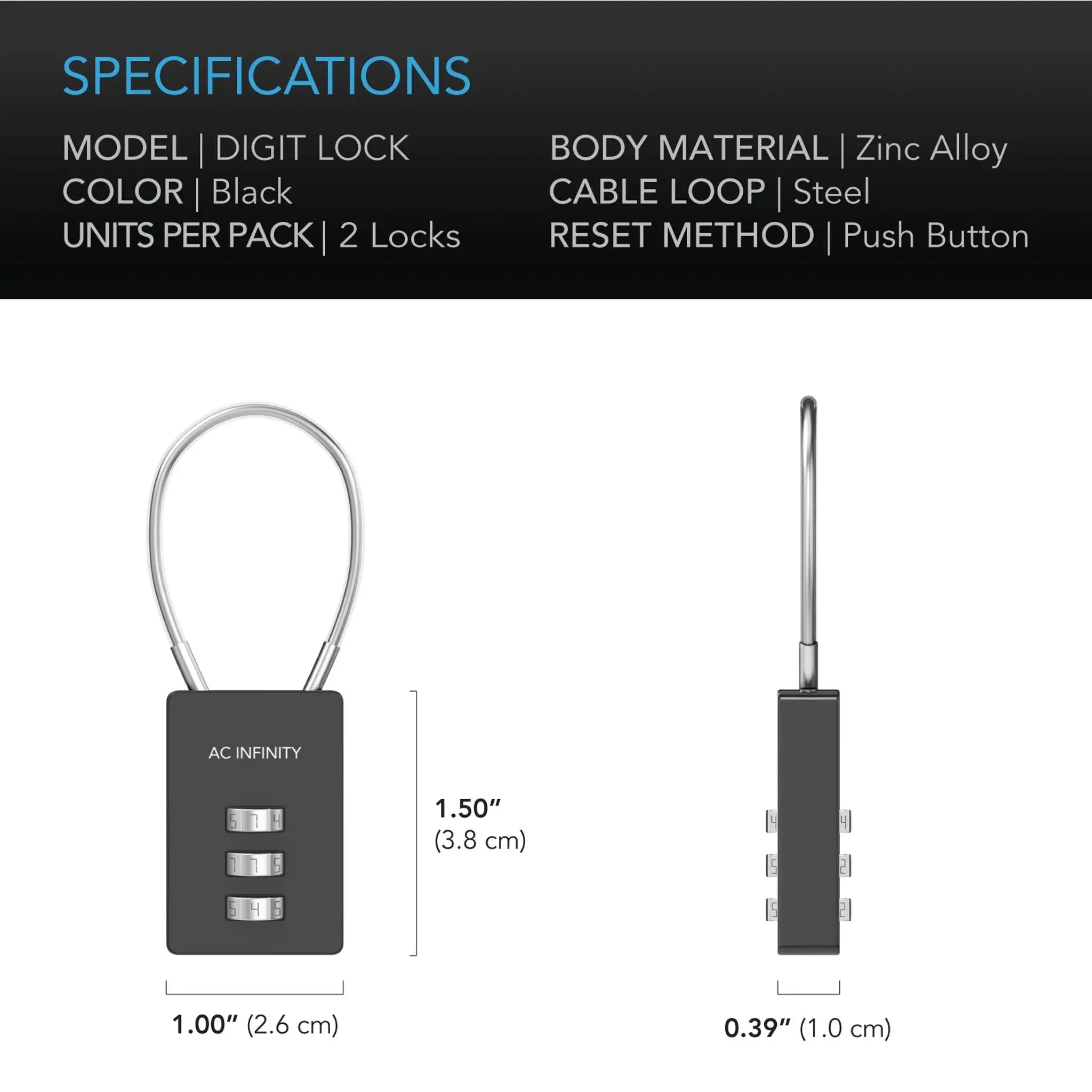 AC Infinity Combination Lock, Flexible Steel Cable Loop | 2-Pack