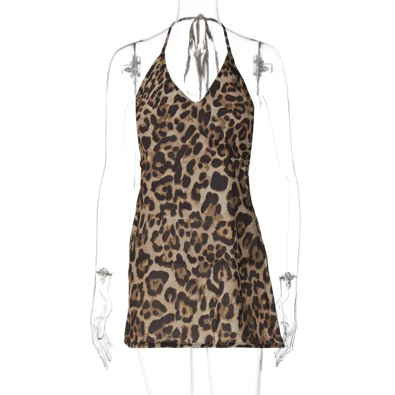 Backless Hanging Neck Summer Women's V-neck Strap Mini Dress with Transparent Leopard Print