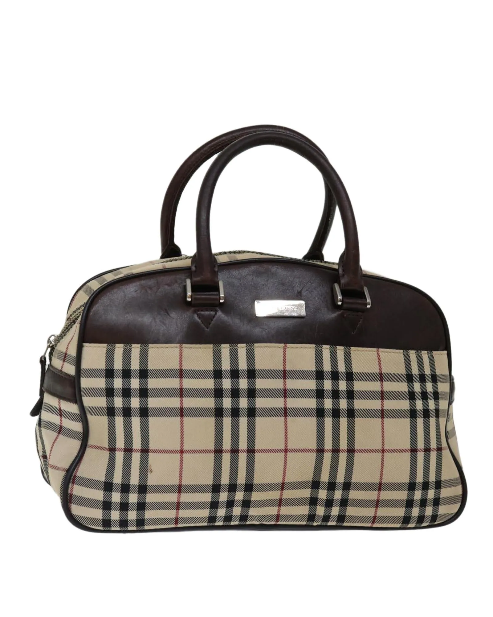 Beige Nylon Hand Bag with Classic Check Pattern