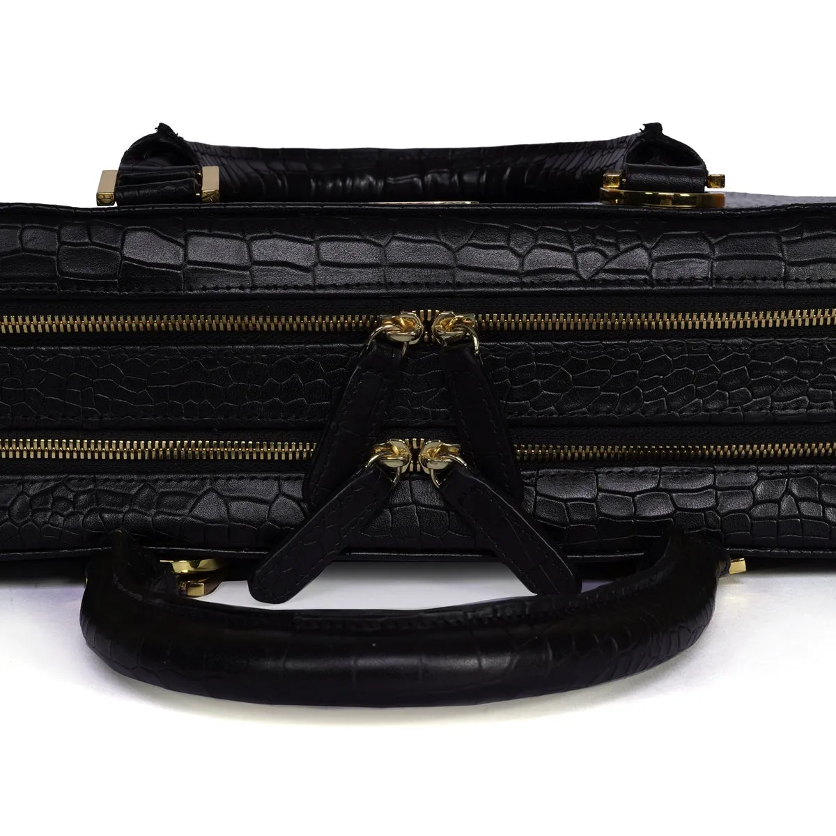 Black Laptop Briefcase In Croco Textured Leather