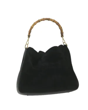 Black Suede Shoulder Bag with Bamboo Handle