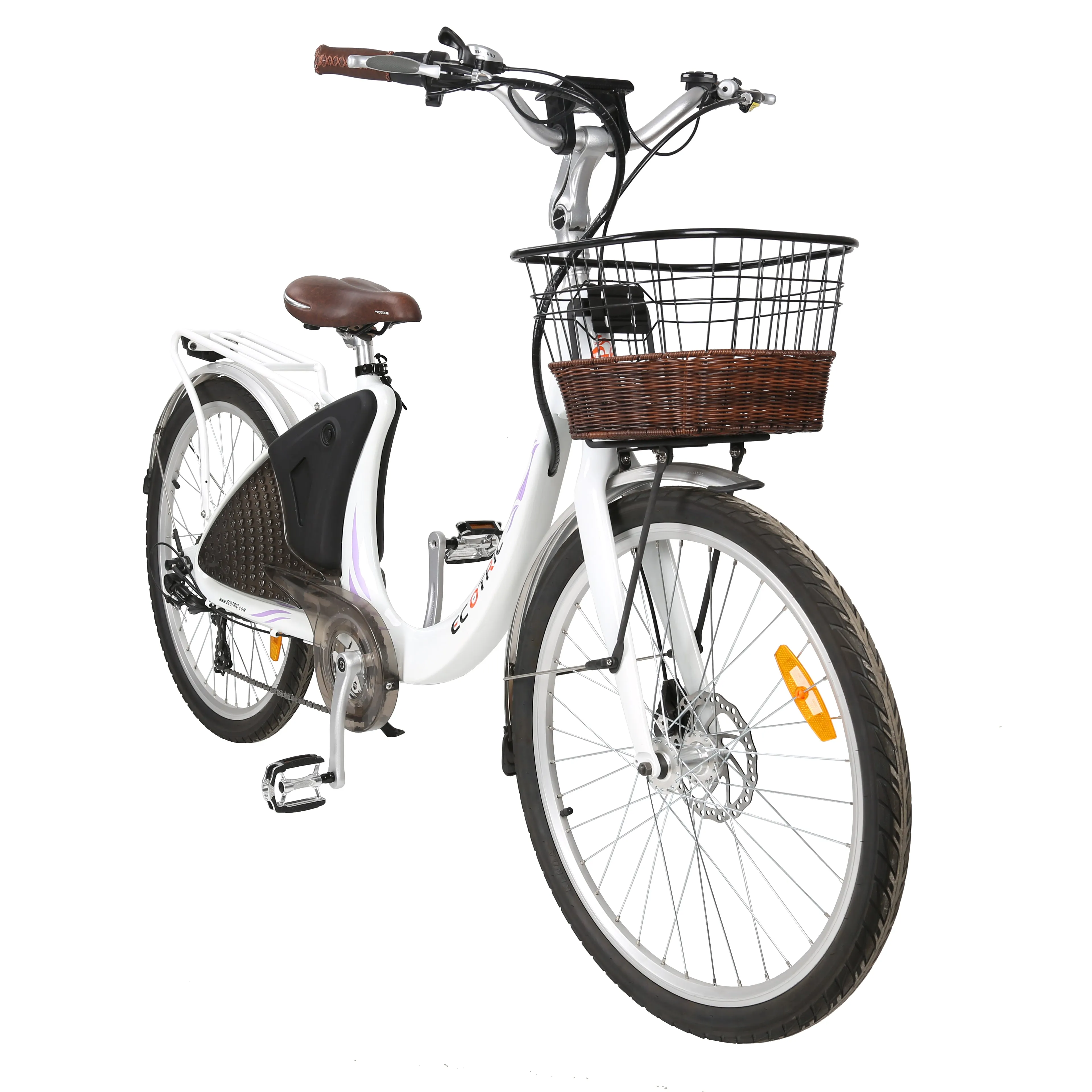 Ecotric 26inch White Lark Electric City Bike For Women with basket and rear rack