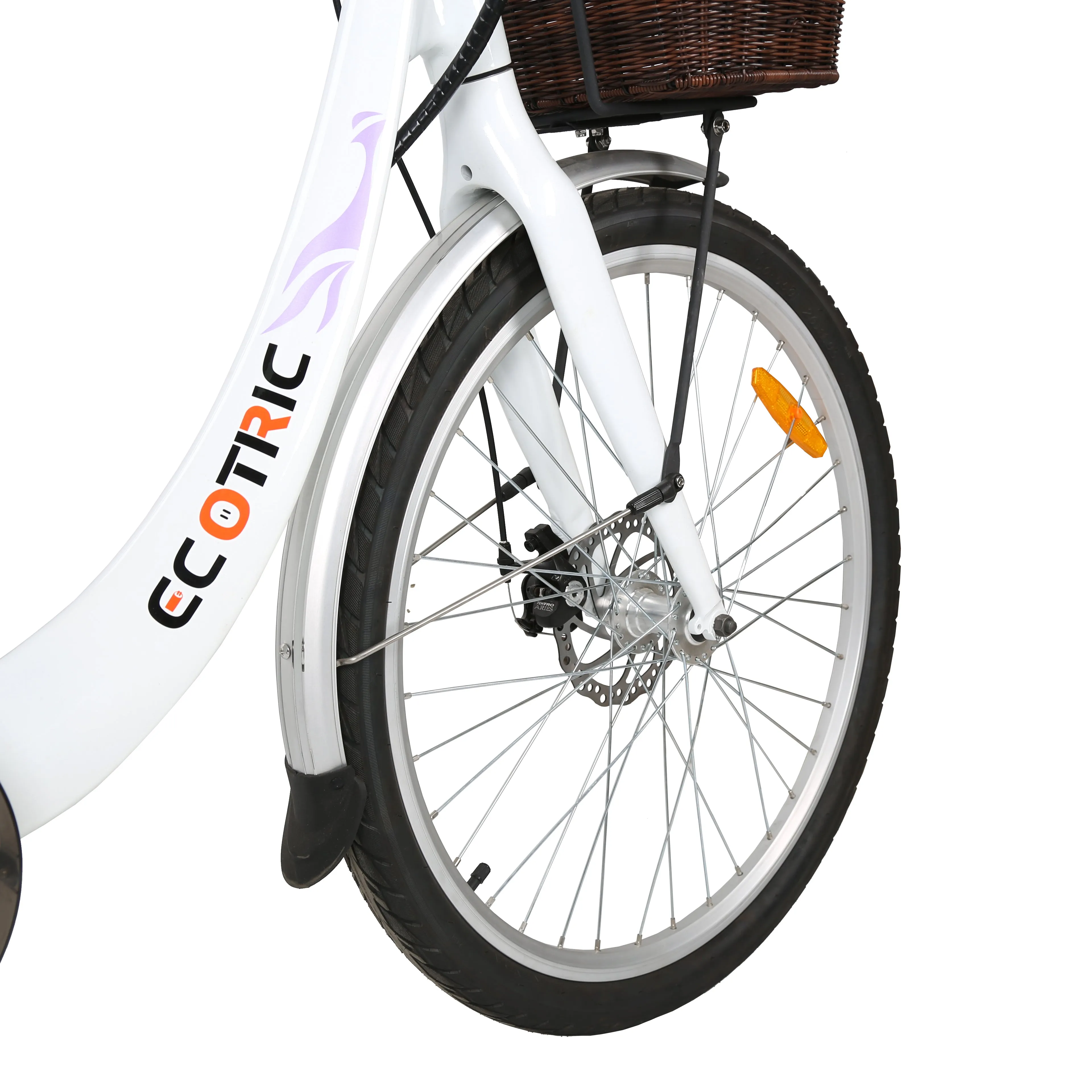 Ecotric 26inch White Lark Electric City Bike For Women with basket and rear rack