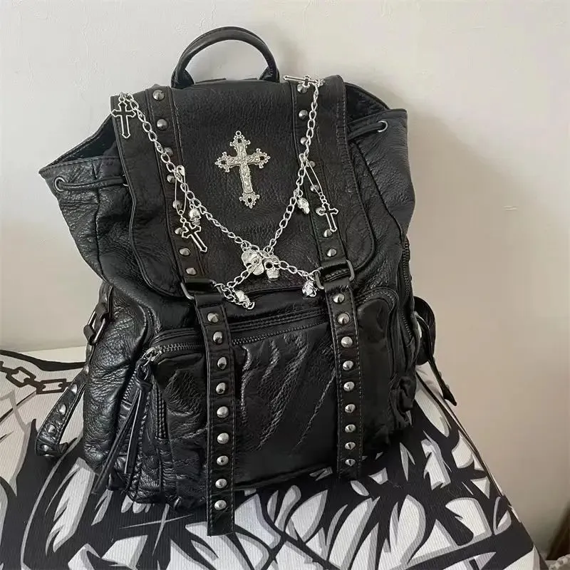 Goth Fashion Women Black Skeleton Backpack Chain Y2k Punk Rivet Bag