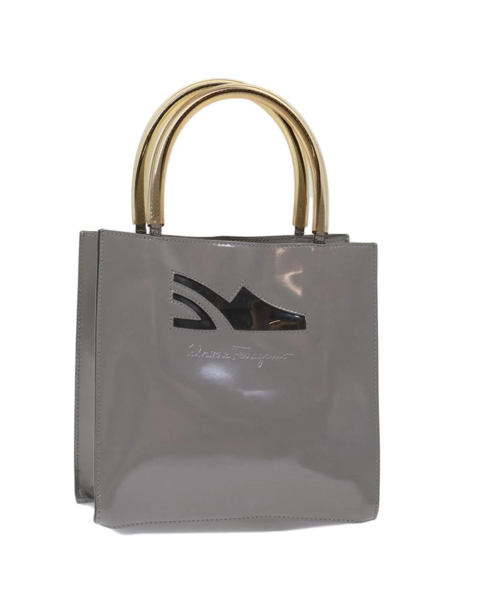 Gray Patent Leather Hand Bag by Salvatore Ferragamo