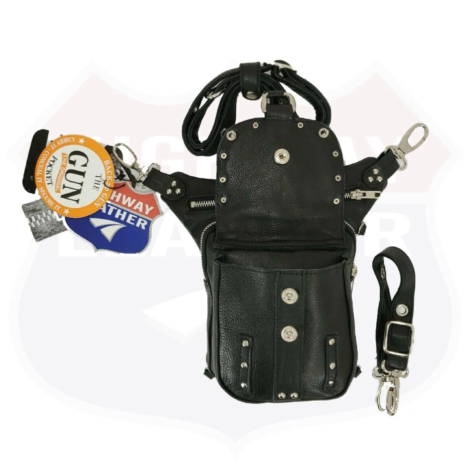 HL80197BLACK LEATHER Thigh Drop Leg Bag Gun Holster Bag Waist Bag Fanny Pack Messenger Bag