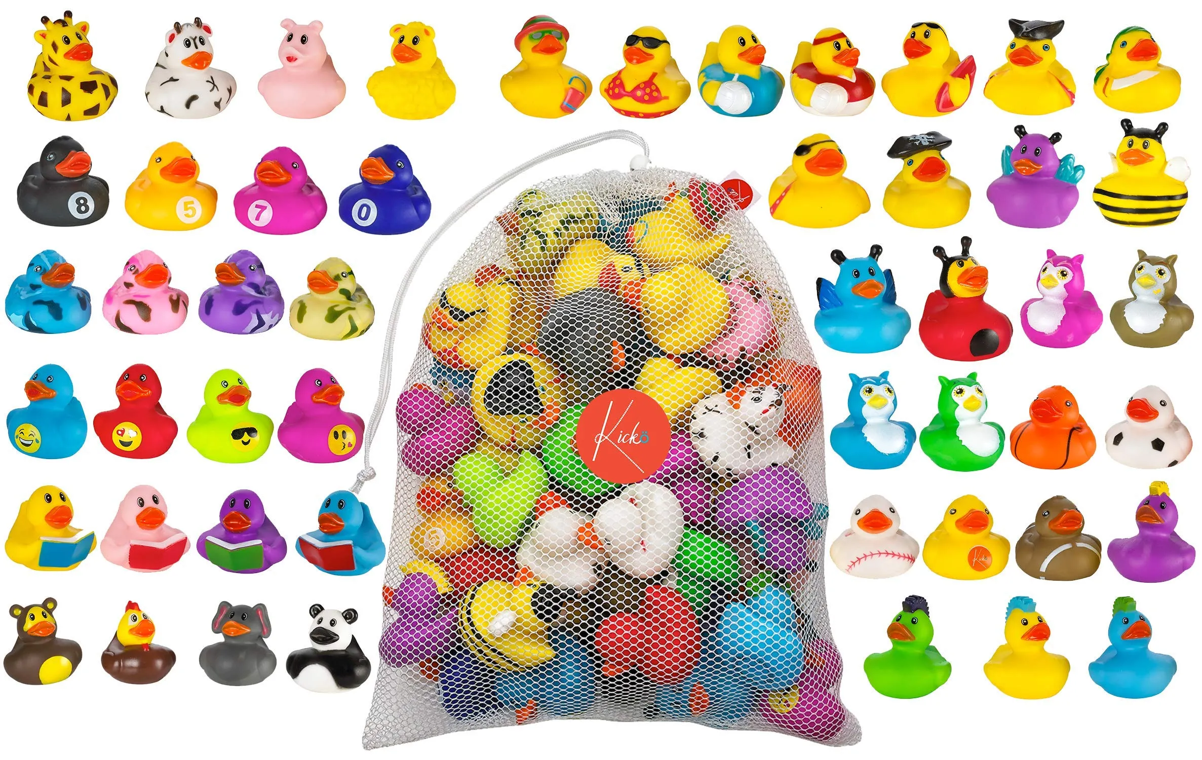 Kicko Assorted Rubber Ducks With Mesh Bag - 50 Ducklings, 2 Inch - For Kids, Sensory