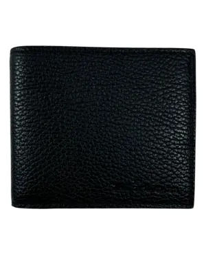 Kiton Wallet - Black Grain Leather Men Wallet Bifold With Coin Pocket