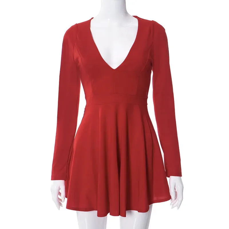 Low Cut Long Sleeve Backless A Line Mini Dress