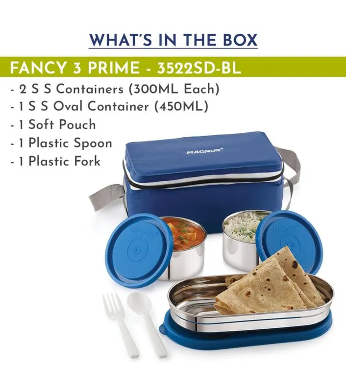 Magnus Fancy 3 Prime Steel Lunch Box Set | Leak-Proof Lunch Box for Kids | Lunch Boxes for Office Men & Women | Tiffin with 3 Compartments & Washable Cover | Safe & Stylish Design (Blue)