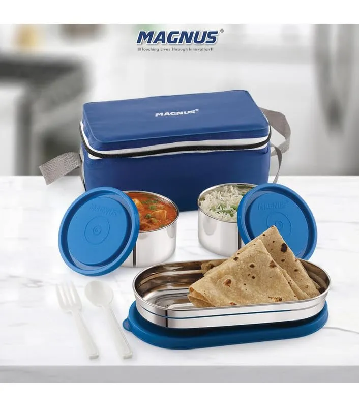 Magnus Fancy 3 Prime Steel Lunch Box Set | Leak-Proof Lunch Box for Kids | Lunch Boxes for Office Men & Women | Tiffin with 3 Compartments & Washable Cover | Safe & Stylish Design (Blue)