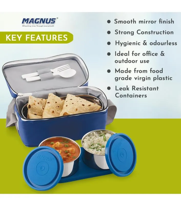 Magnus Fancy 3 Prime Steel Lunch Box Set | Leak-Proof Lunch Box for Kids | Lunch Boxes for Office Men & Women | Tiffin with 3 Compartments & Washable Cover | Safe & Stylish Design (Blue)