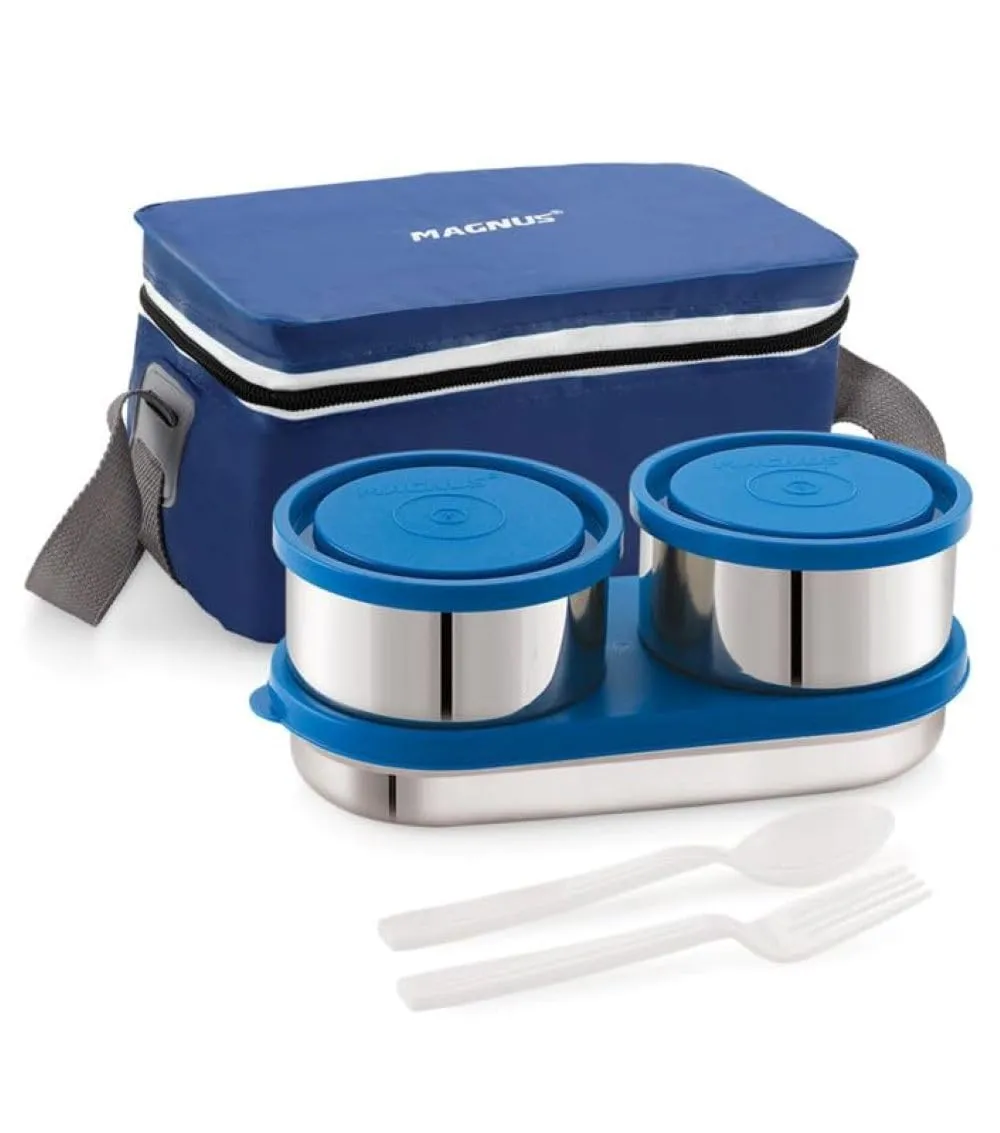 Magnus Fancy 3 Prime Steel Lunch Box Set | Leak-Proof Lunch Box for Kids | Lunch Boxes for Office Men & Women | Tiffin with 3 Compartments & Washable Cover | Safe & Stylish Design (Blue)