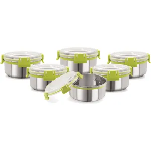 Magnus Klip Lock Stainless Steel Airtight Leakproof Storage Container, 450 ML Each, Set of 6 - Kitchen Accessories Items, Lunch Box, Lunch Boxes for Office Men