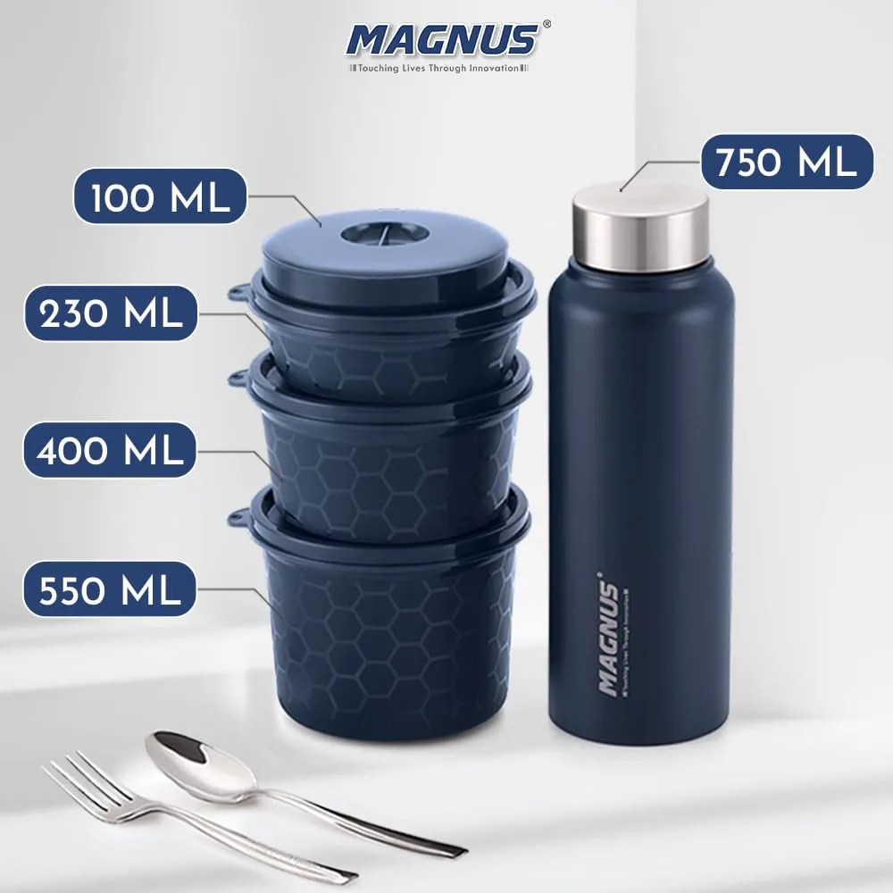 Magnus Microwave EVA 5 Lunch Box (Blue) - 3 Containers, Small Box, Bottle, Cutlery | Leakproof Stainless Steel Lunch Box for Kids, Lunch Boxes for Office Men, Women | Office & Microwave Safe