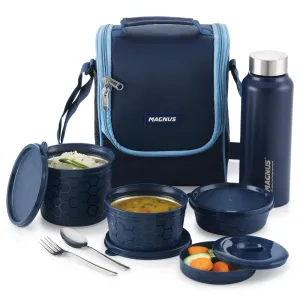 Magnus Microwave EVA 5 Lunch Box (Blue) - 3 Containers, Small Box, Bottle, Cutlery | Leakproof Stainless Steel Lunch Box for Kids, Lunch Boxes for Office Men, Women | Office & Microwave Safe