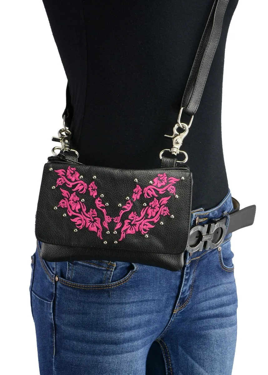 Milwaukee Leather MP8853 Women's 'Flower' Black and Pink Leather Multi Pocket Belt Bag