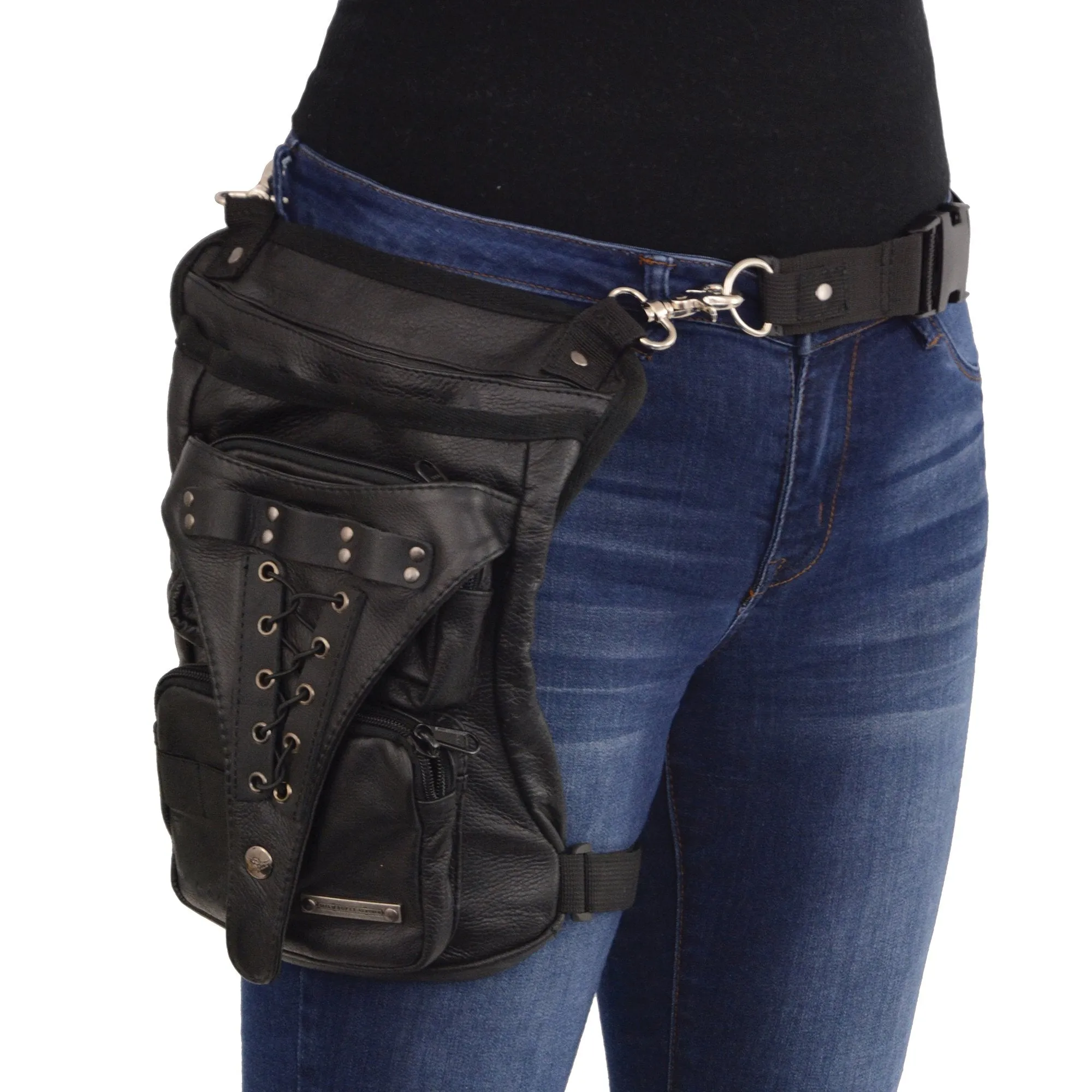 Milwaukee Leather MP8885 Ladies Black Conceal and Carry Black Leather Thigh Bag with Waist Belt