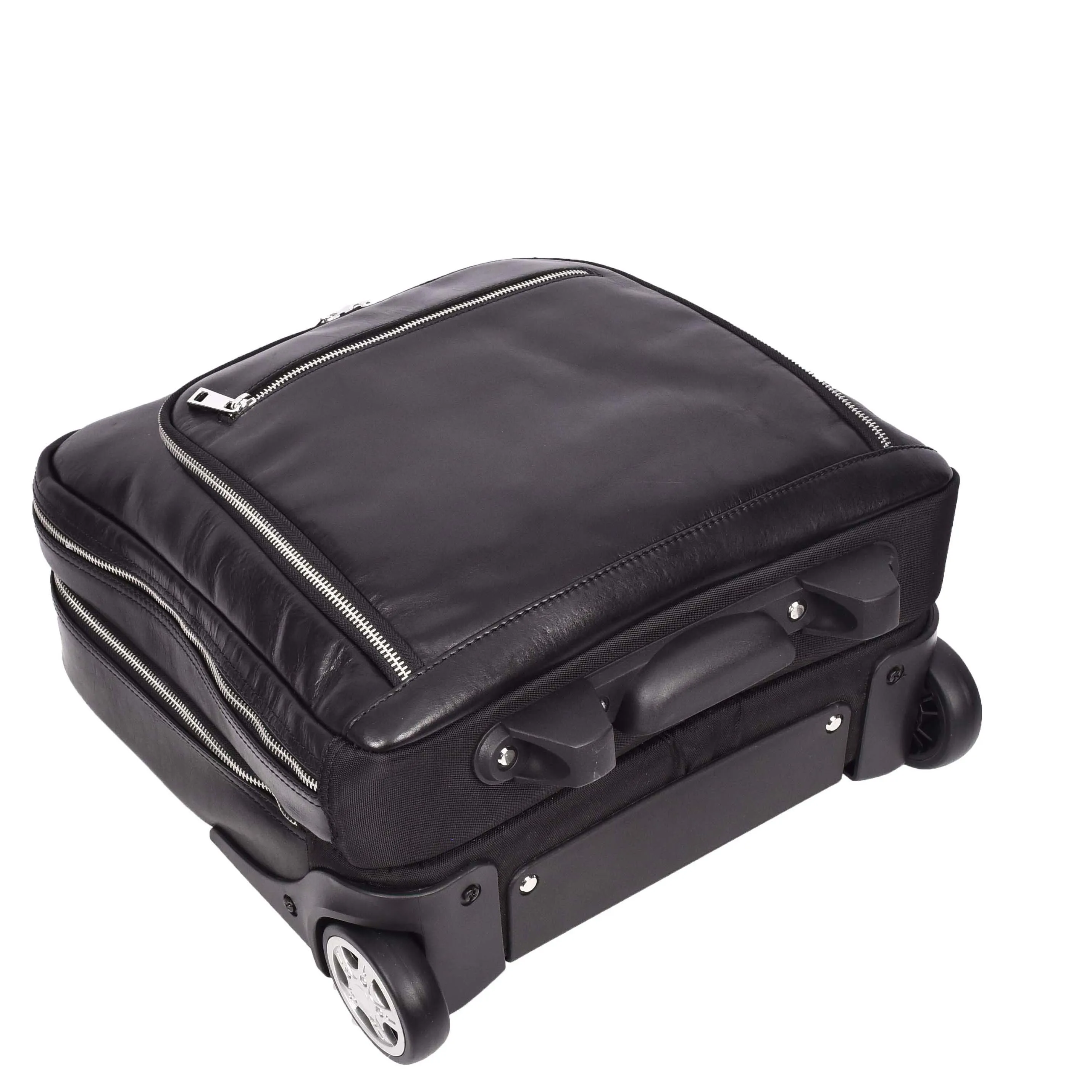 Premium Leather Pilot Case Wheeled Briefcase Business Travel Laptop Bag Multi Zip Pockets A51 Black