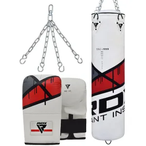 RDX F7 4ft / 5ft 3-in-1 Ego White / Red Training Punch Bag with Mitts Set