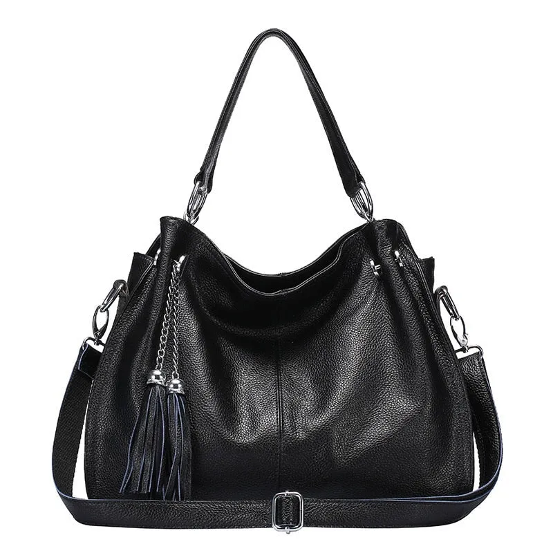 Tassel Detail Genuine Leather Shoulder Bag