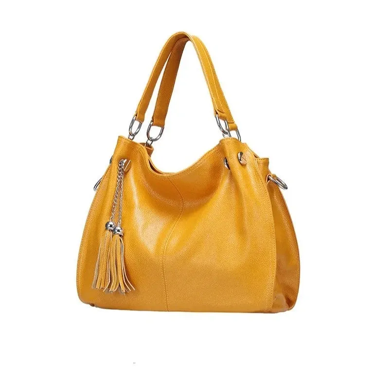 Tassel Detail Genuine Leather Shoulder Bag